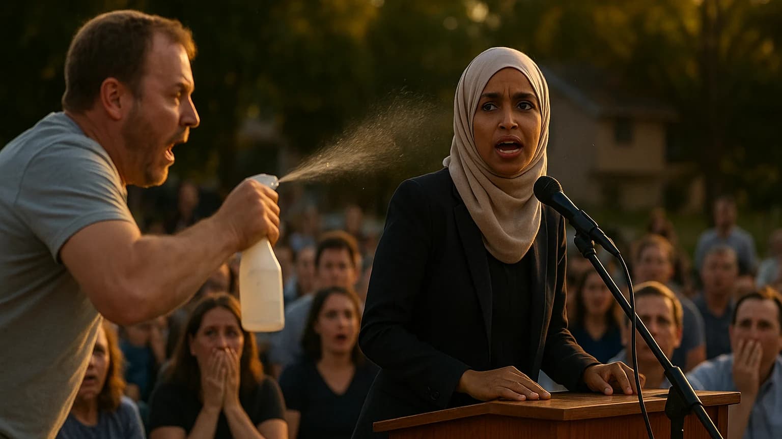 Chaos Unleashed: Ilhan Omar Sprayed with Mystery Liquid at Town Hall