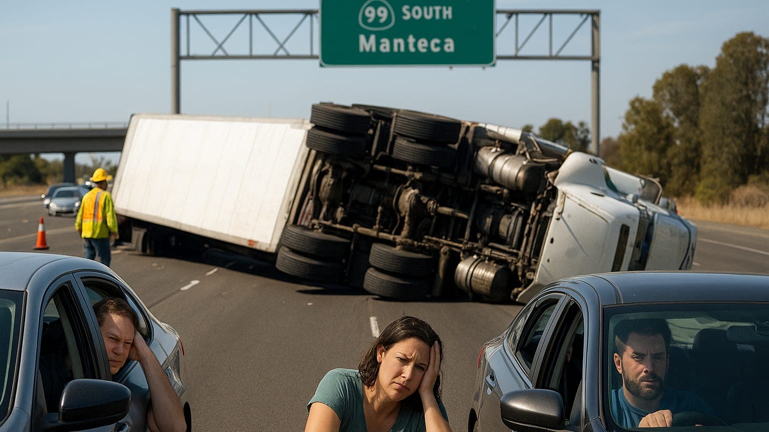 Highway 99 Takes a Detour: Big Rig Mayhem in Manteca!