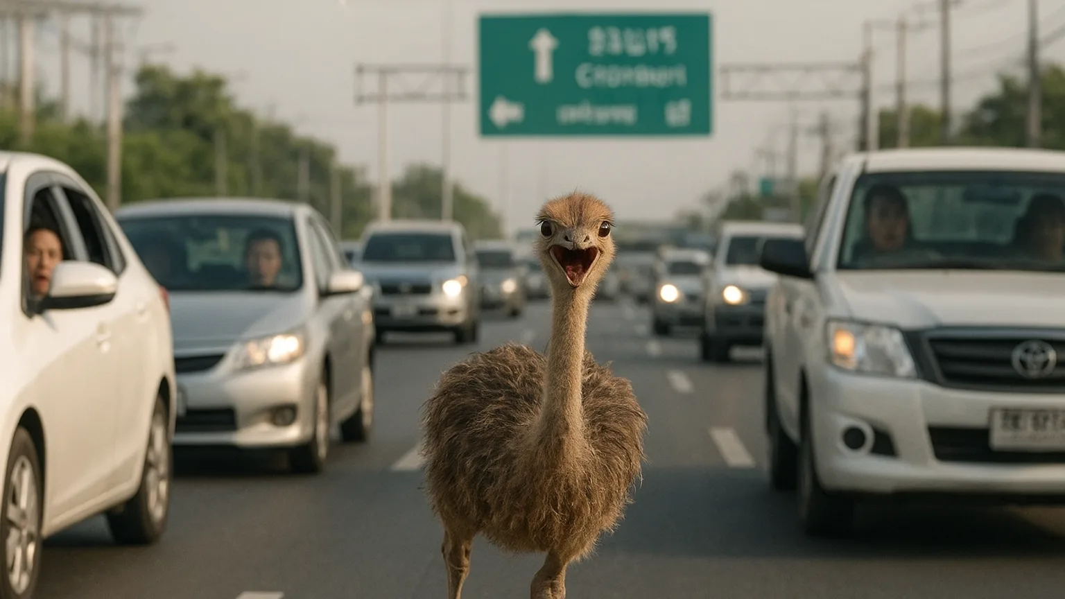 Ostrich on the Loose: A Bird’s-Eye View of a Highway Adventure!
