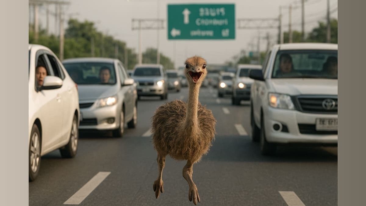 Ostrich on the Loose: A Bird’s-Eye View of a Highway Adventure!