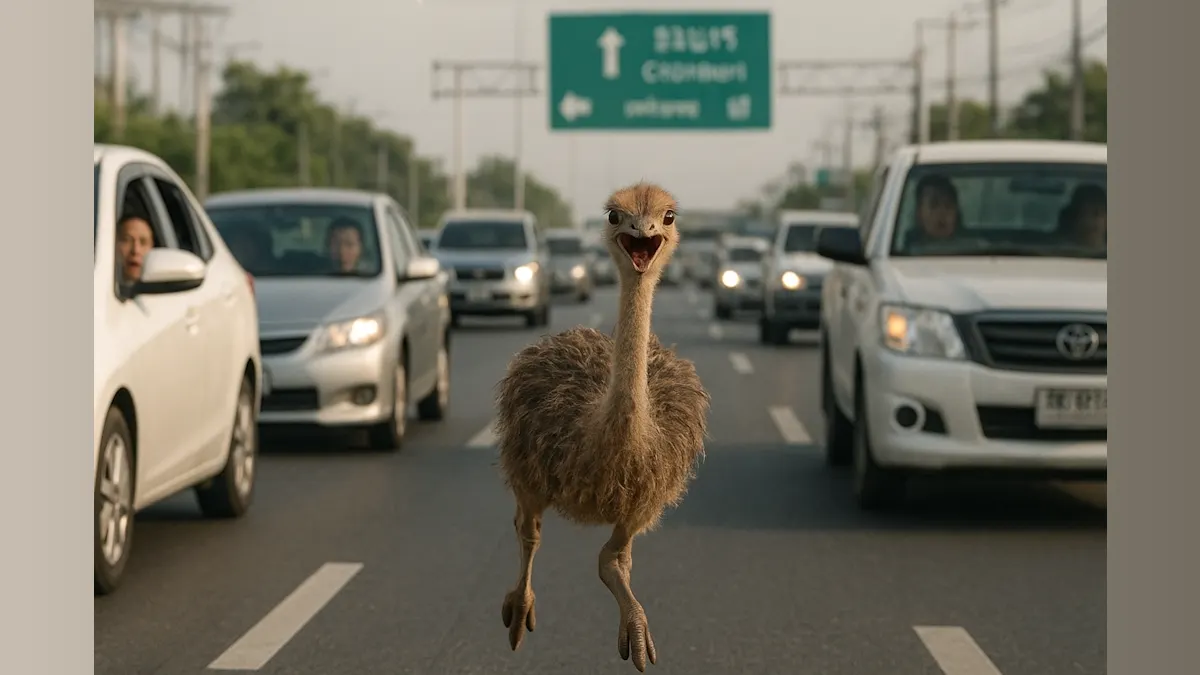 Ostrich on the Loose: A Bird’s-Eye View of a Highway Adventure!