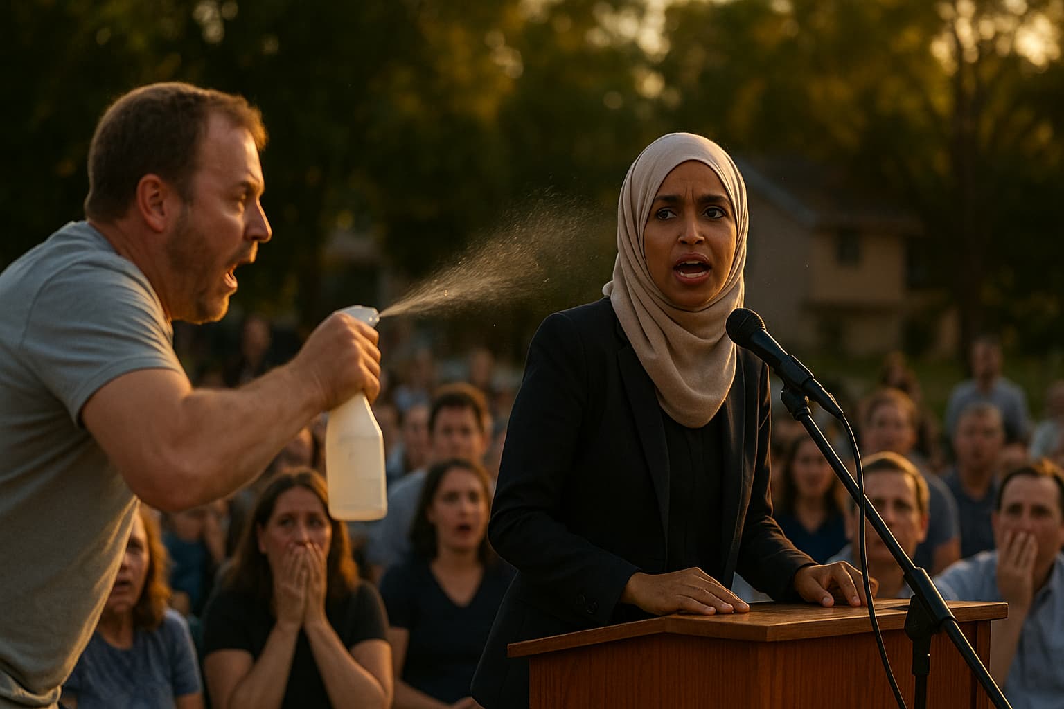 Chaos Unleashed: Ilhan Omar Sprayed with Mystery Liquid at Town Hall