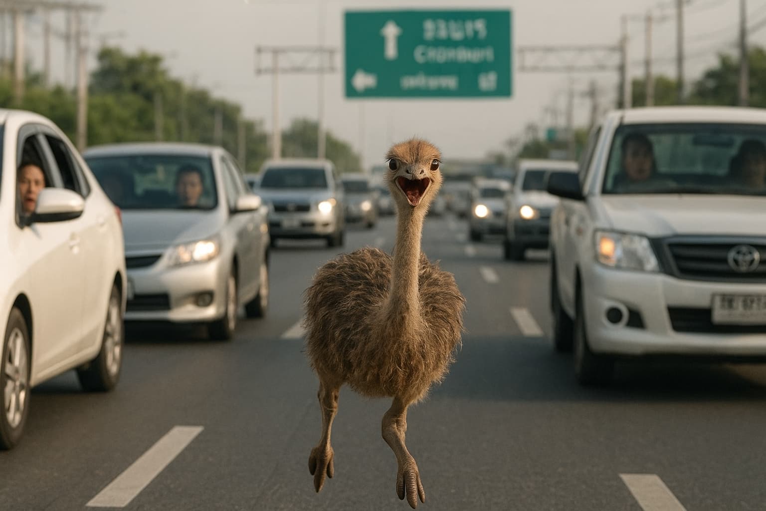 Ostrich on the Loose: A Bird’s-Eye View of a Highway Adventure!